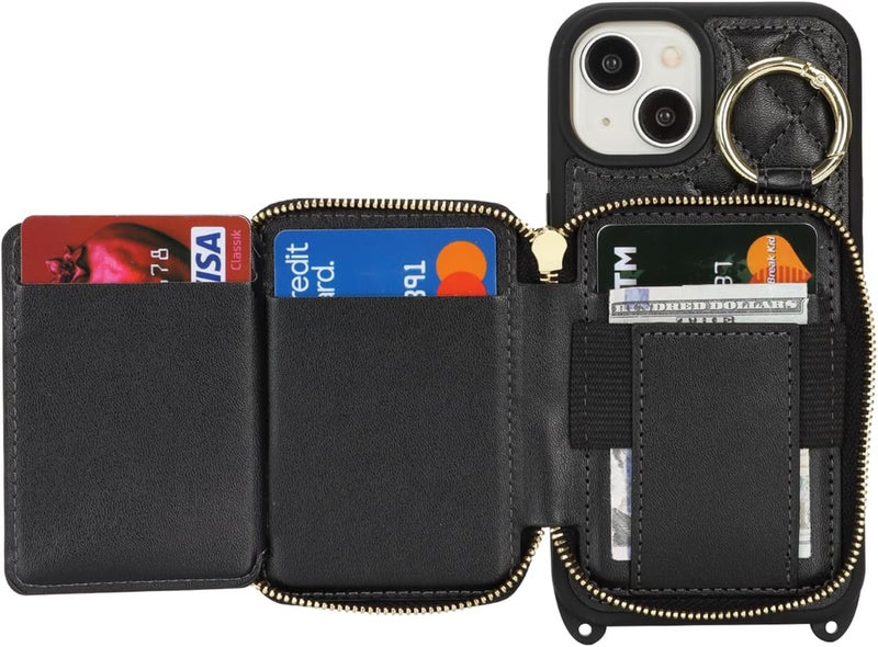 Hamany Crossbody Wallet Case for iPhone 14, PU Leather Zipper Handbag Purse Flip Cover, Kickstand Folio Case with Card Slots Holder Wrist Strap Lanyard 5G 6.1 Inch-Black - Image 5